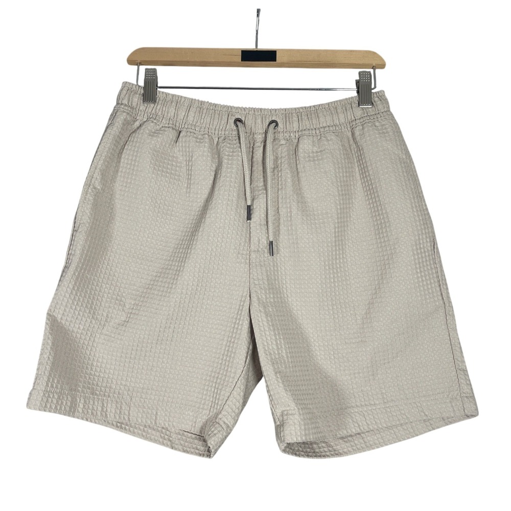 Negative Space Shorts Men's Sm Waffle Weave Woven Drawstring 7" Beige Tan Preppy